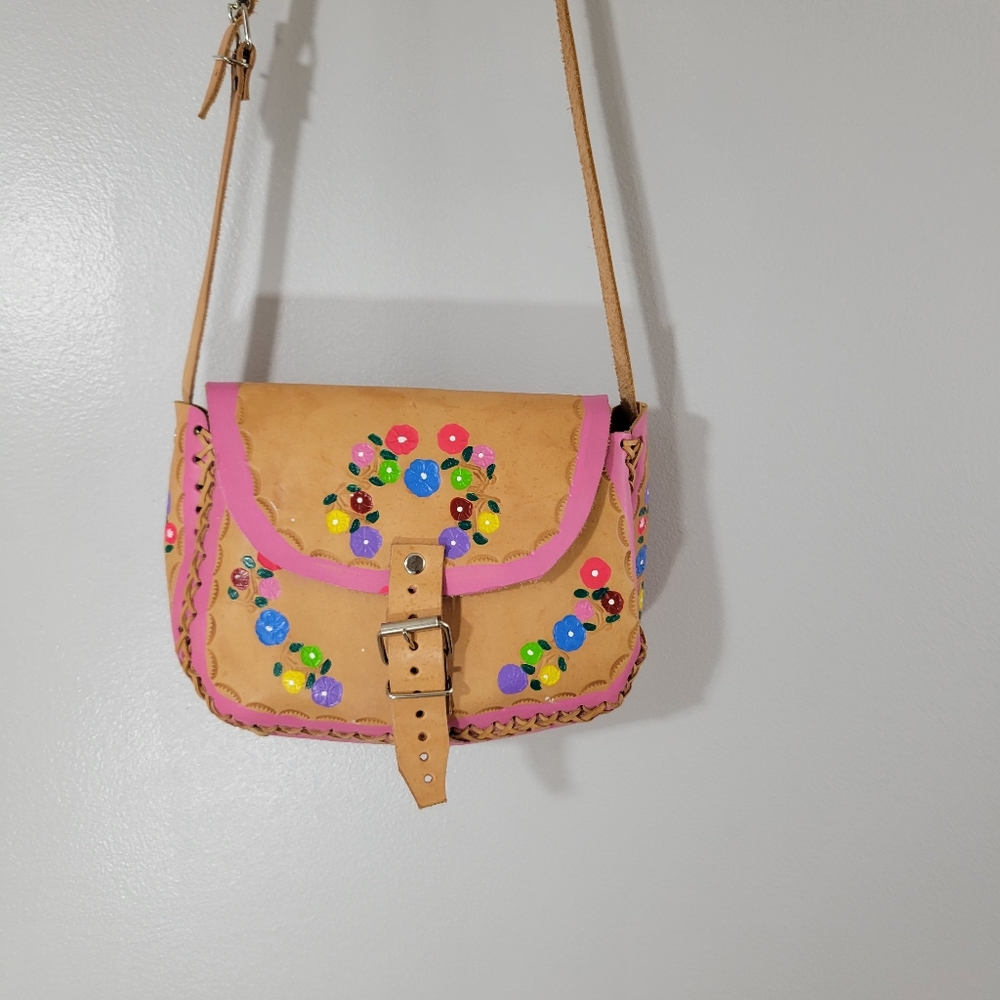 Artisan made hand painted floral boho leather adjustable strap crossbody bag